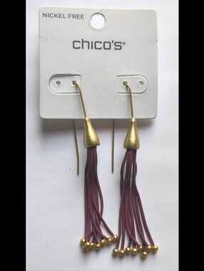 Chicos Maroon & Brushed Gold Tone Modern Pierced Tassel Earrings New On Card